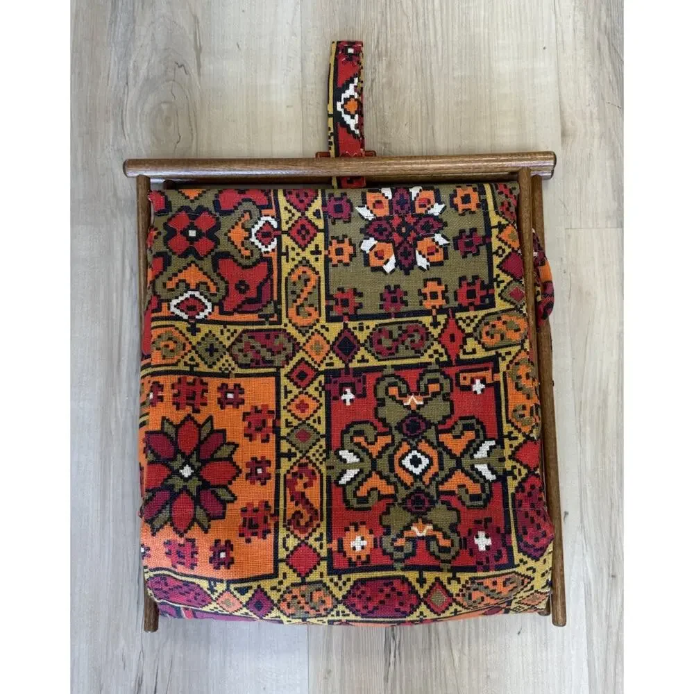 Vintage 1970s Folding Knitting Sewing Basket Wood Frame Kilim Boho 14